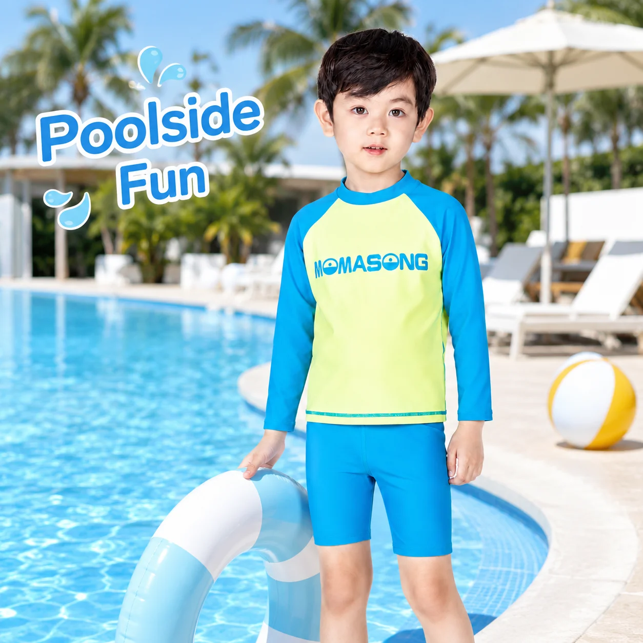 Child wearing a lime and blue long-sleeve rash guard with matching blue swim shorts beside a pool