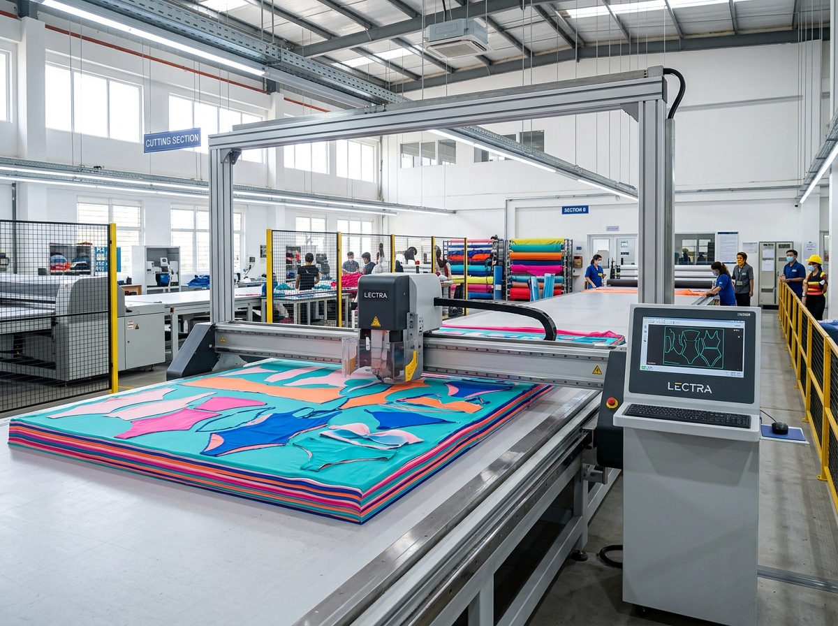 Fabric inspection and cutting workshop supporting production-ready swimwear designs
