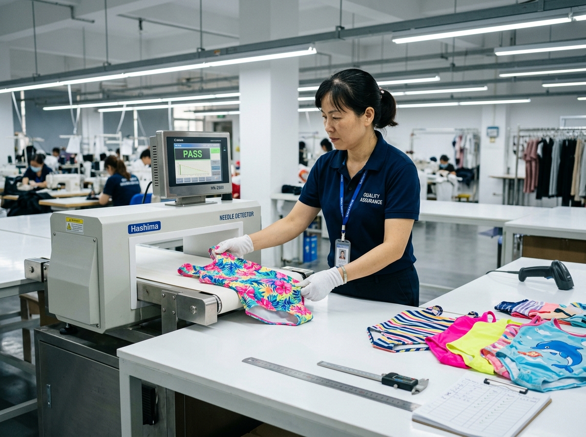 Quality inspection process inside a kids swimwear factory