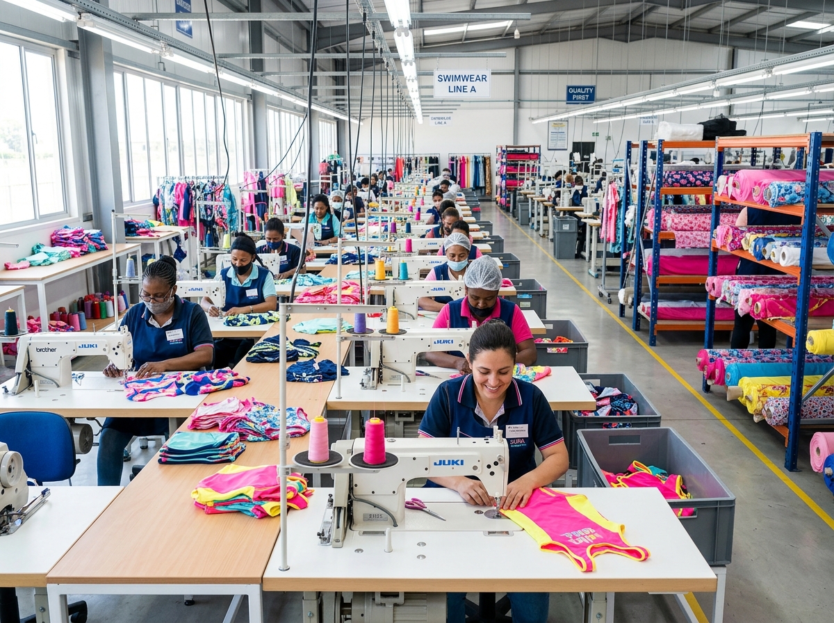 Standardized sewing line in a kids swimwear factory