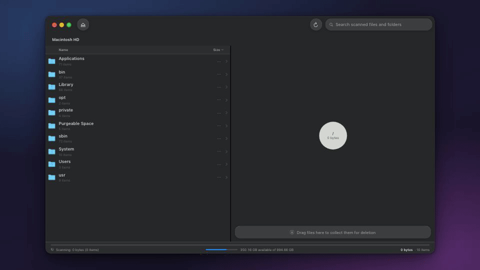 OpenDisk scanning a Mac, zooming into a folder, and collecting Caches for deletion