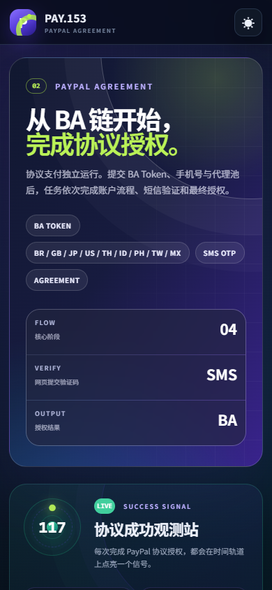 PayPal Agreement Protocol의 모바일 반응형 화면으로 BA 승인 단계와 SMS 검증 결과를 세로형 카드에서 확인할 수 있습니다.