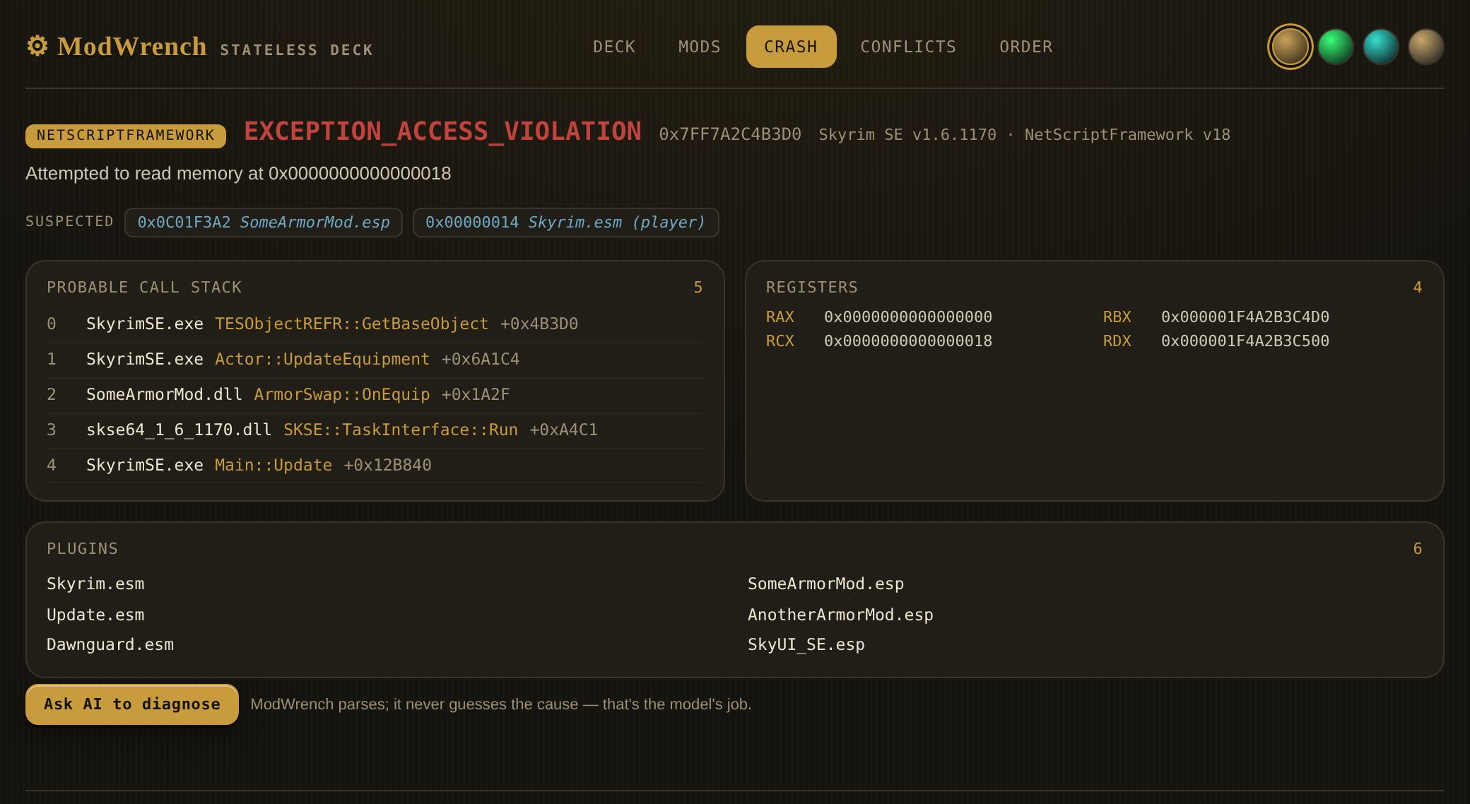 The crash panel: an access violation parsed into its exception, suspected form IDs, call stack, registers and loaded plugins