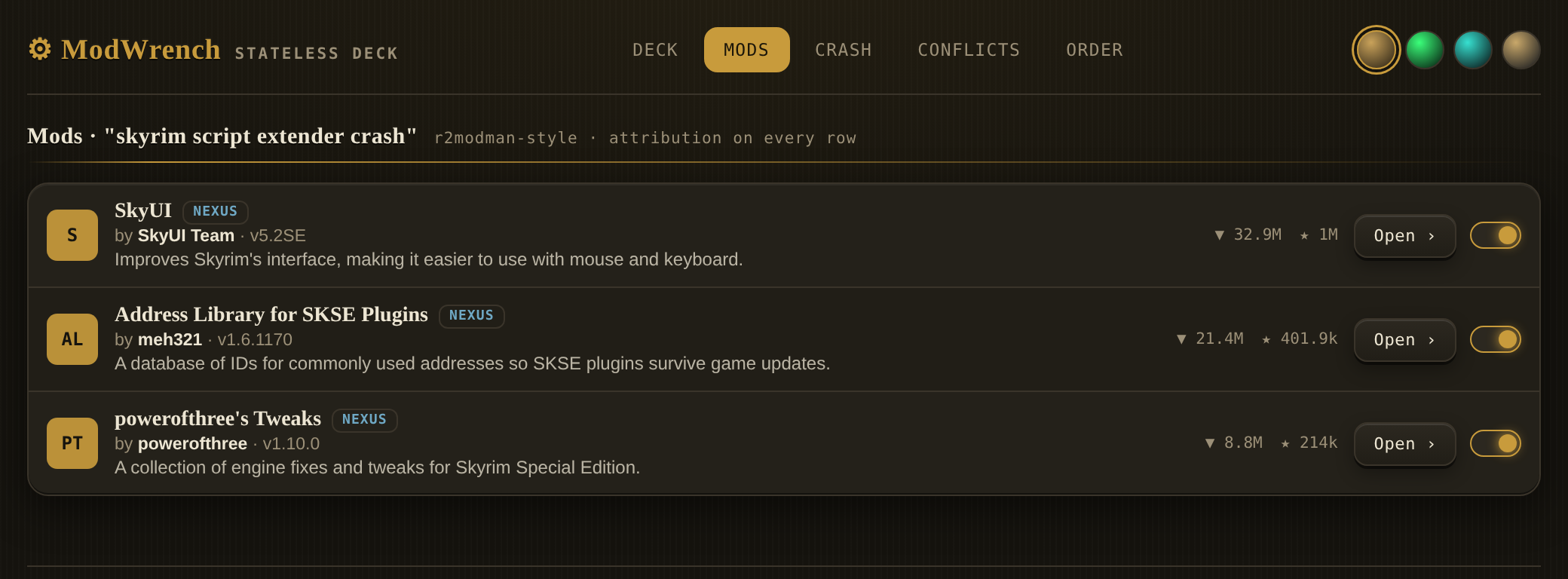The mods panel: three Skyrim mods, each with author, platform, version, download and endorsement counts, and a link to the mod page