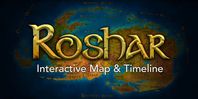 Logo showing map of Roshar in the background with the title 'Roshar' and subtitle 'Interactive Map & Timeline' overlayed