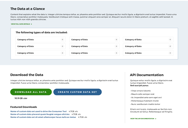 overview of data types, prompt to download data, create a custom data set, or look at API docs