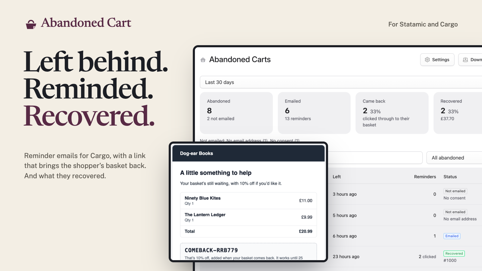 Abandoned Cart for Statamic and Cargo