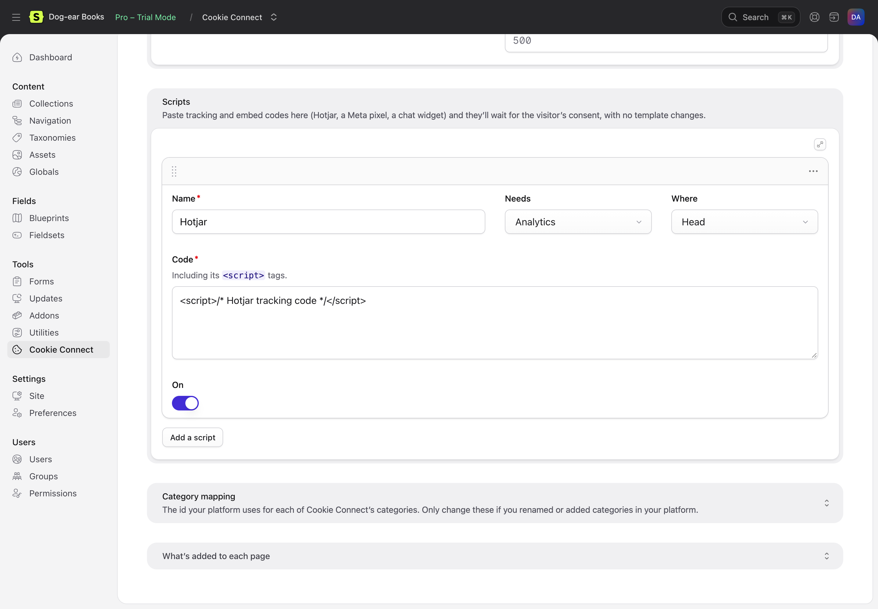 A Hotjar script added in the Scripts list
