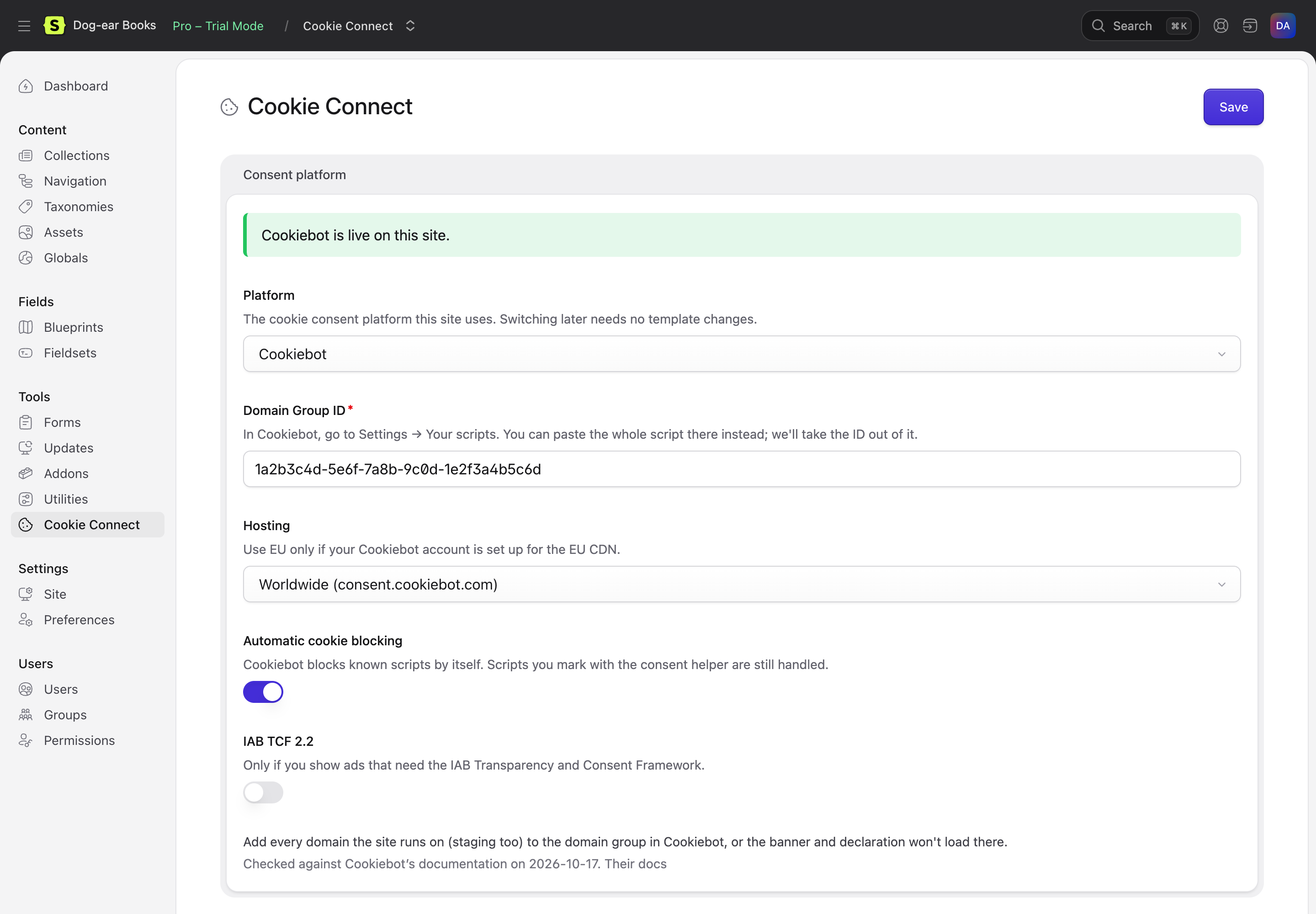 The Cookie Connect page with Cookiebot chosen