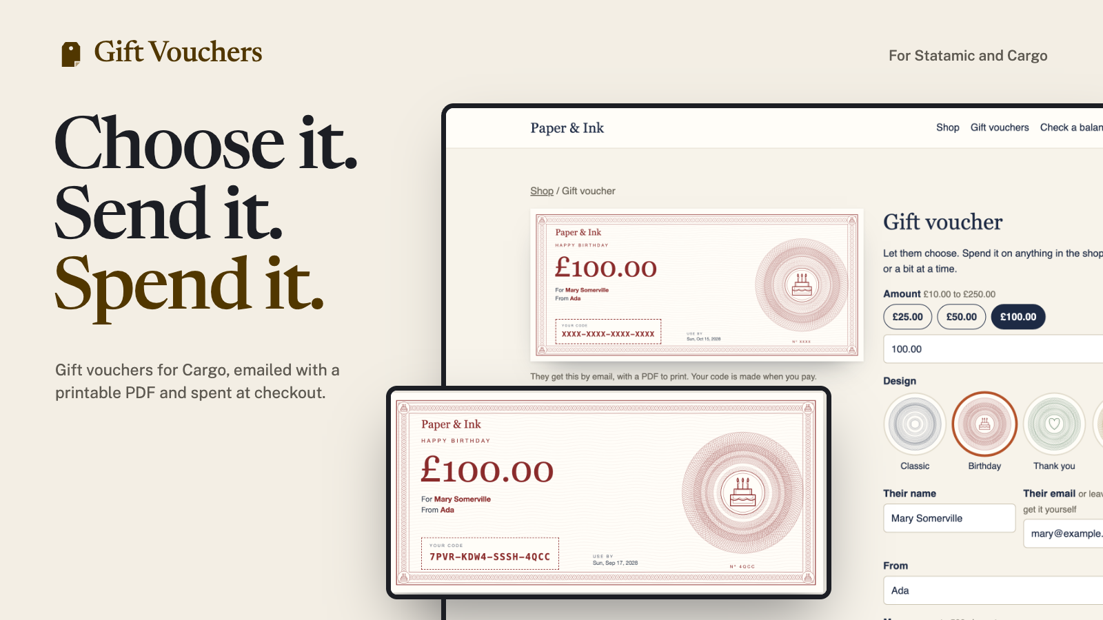Gift Vouchers for Statamic and Cargo: choose it, send it, spend it