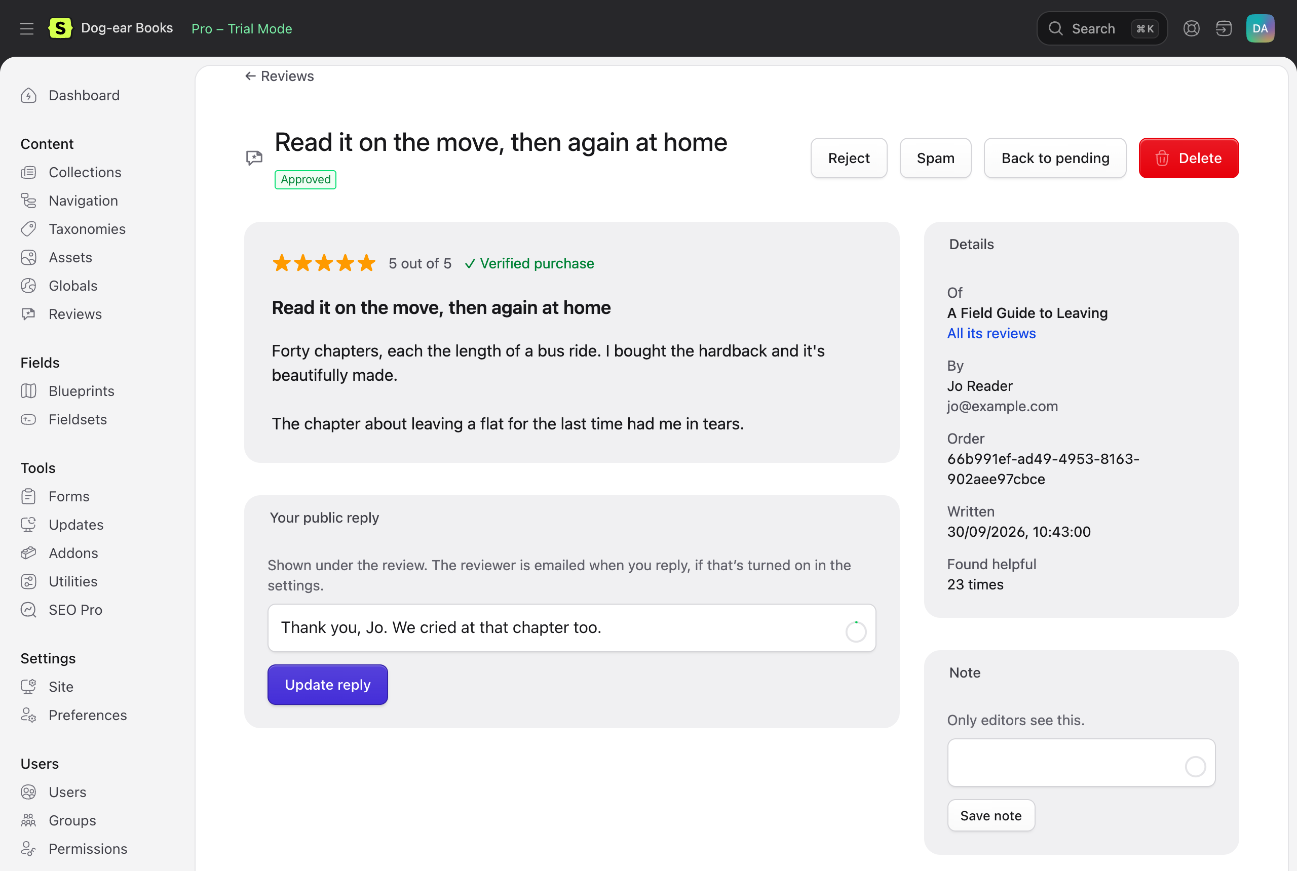 One review, with the public reply