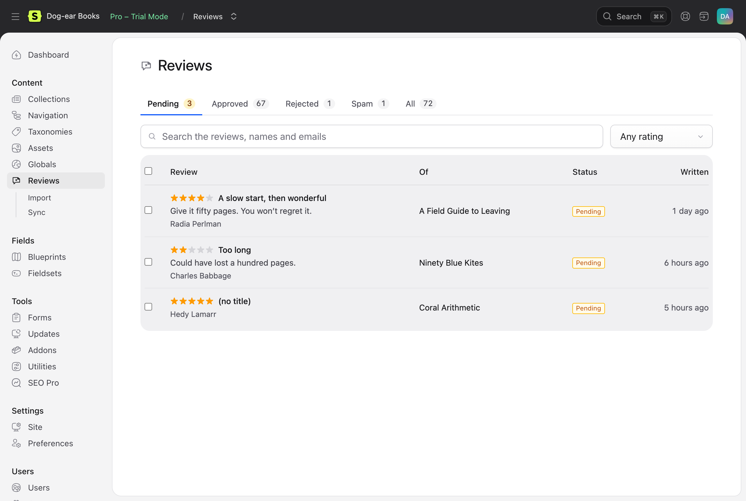 Content → Reviews