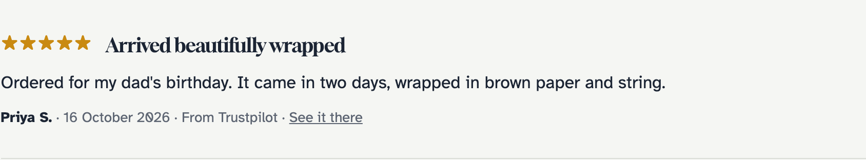A review from Trustpilot, saying where it came from