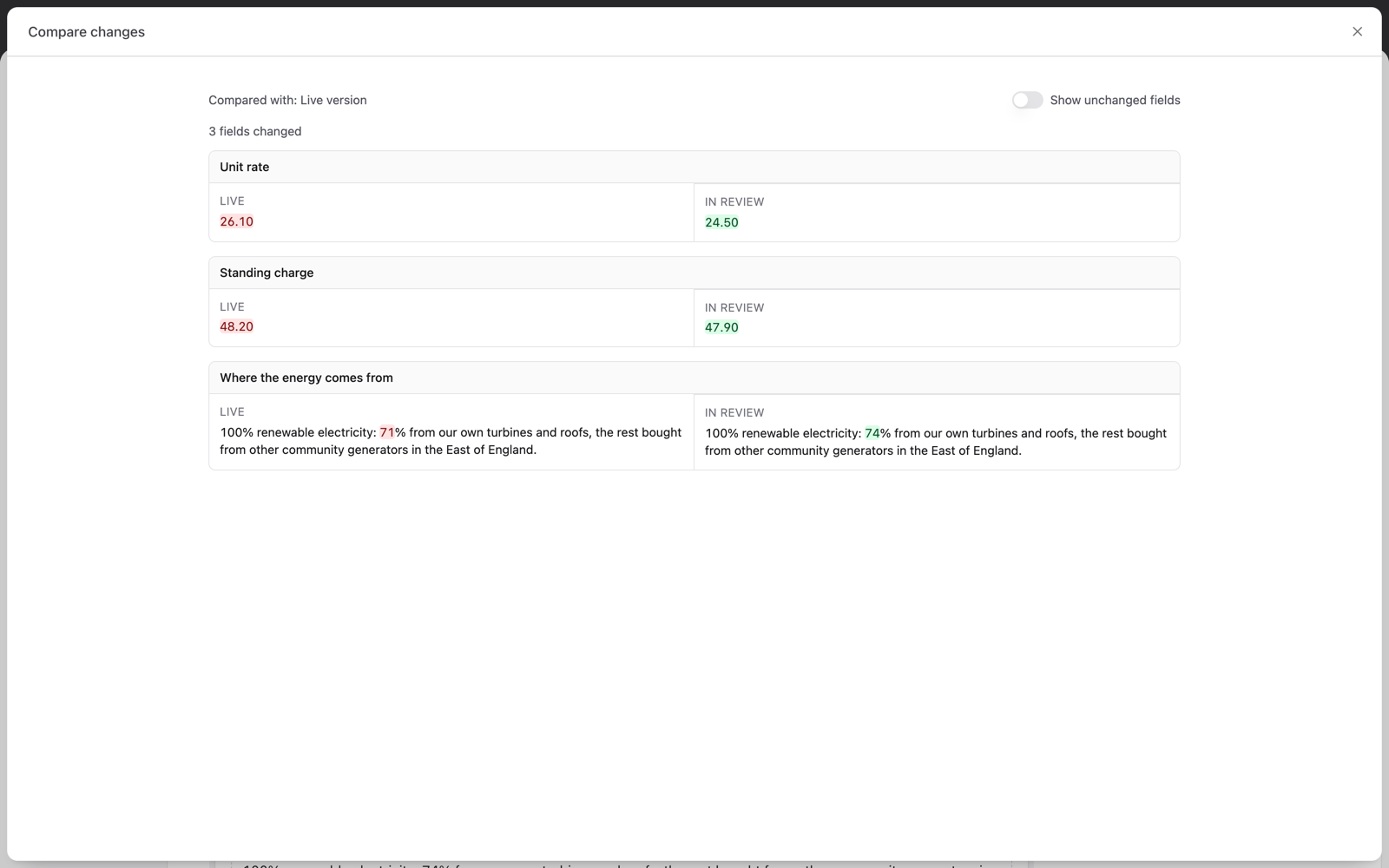 Live and proposed text side by side