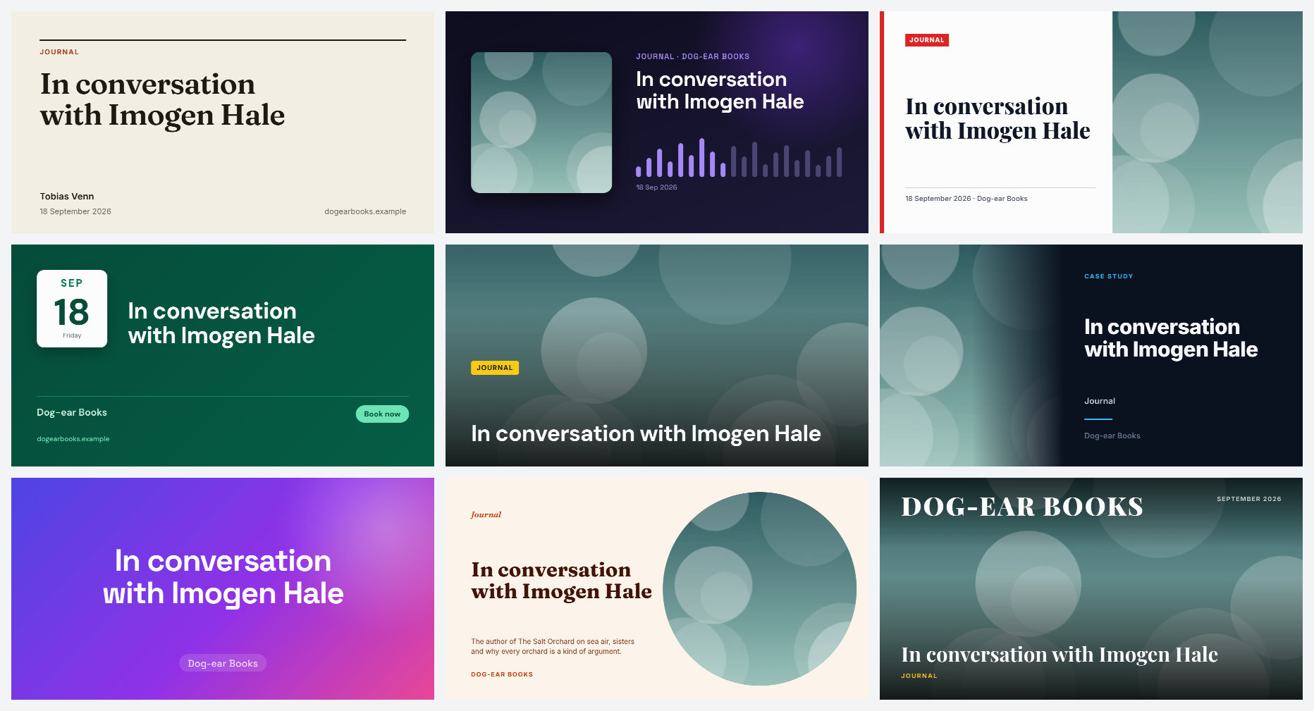 Nine of the seventeen starter templates, each showing the same journal post