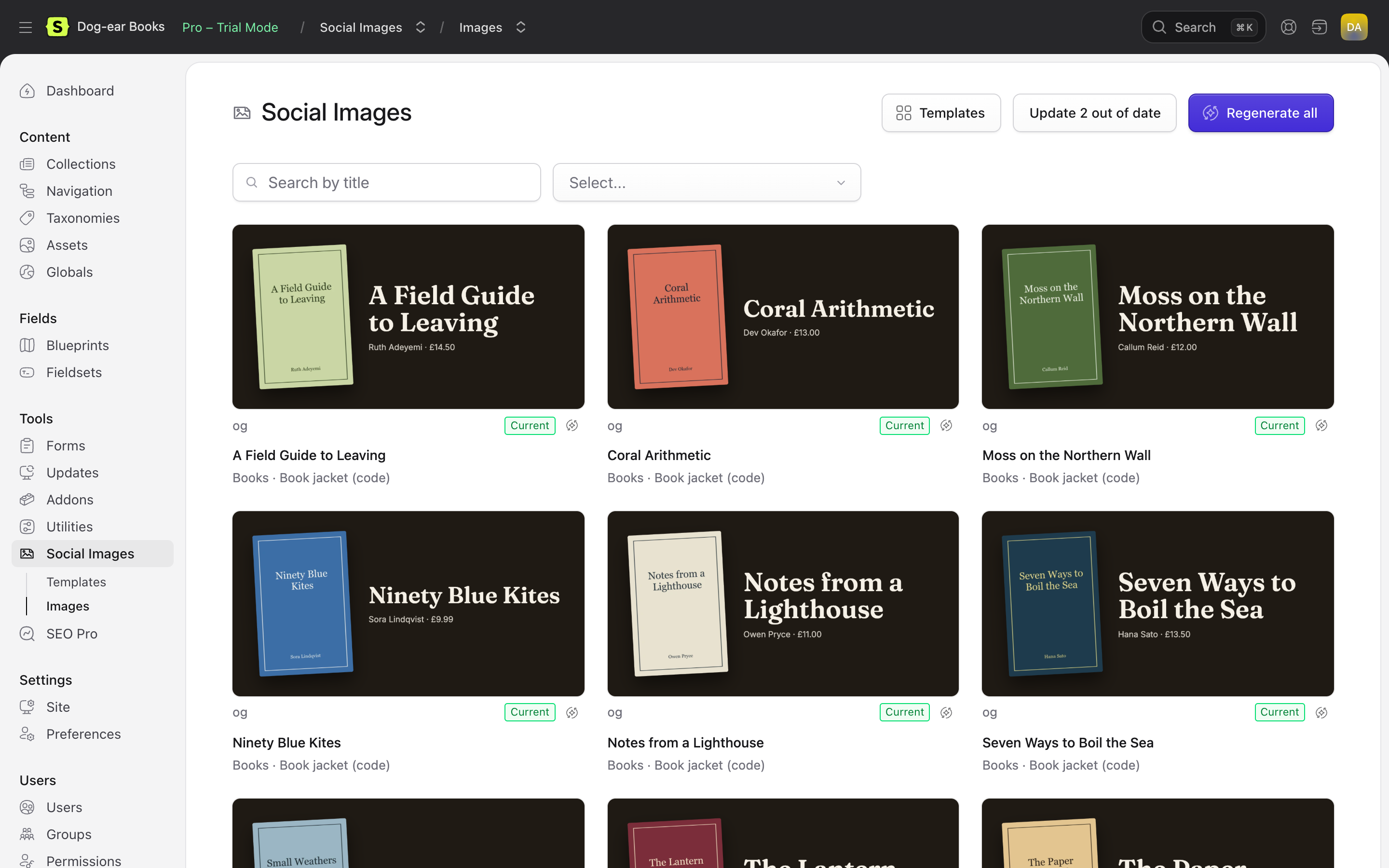 The Images page, listing each entry's images
