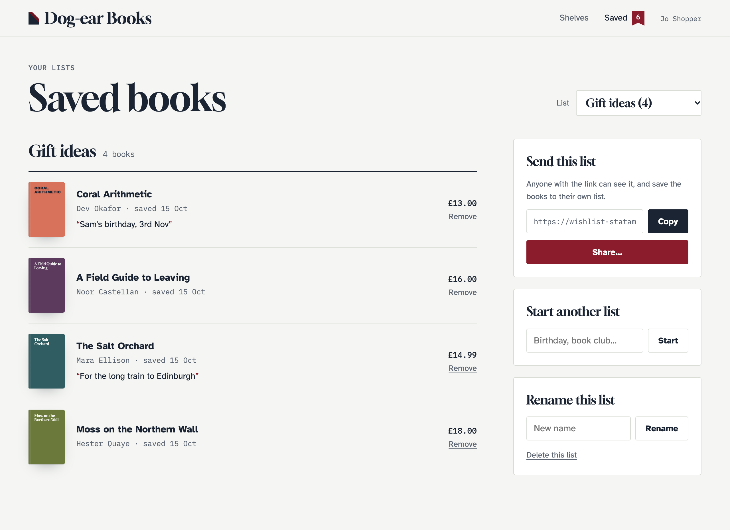 The saved books page
