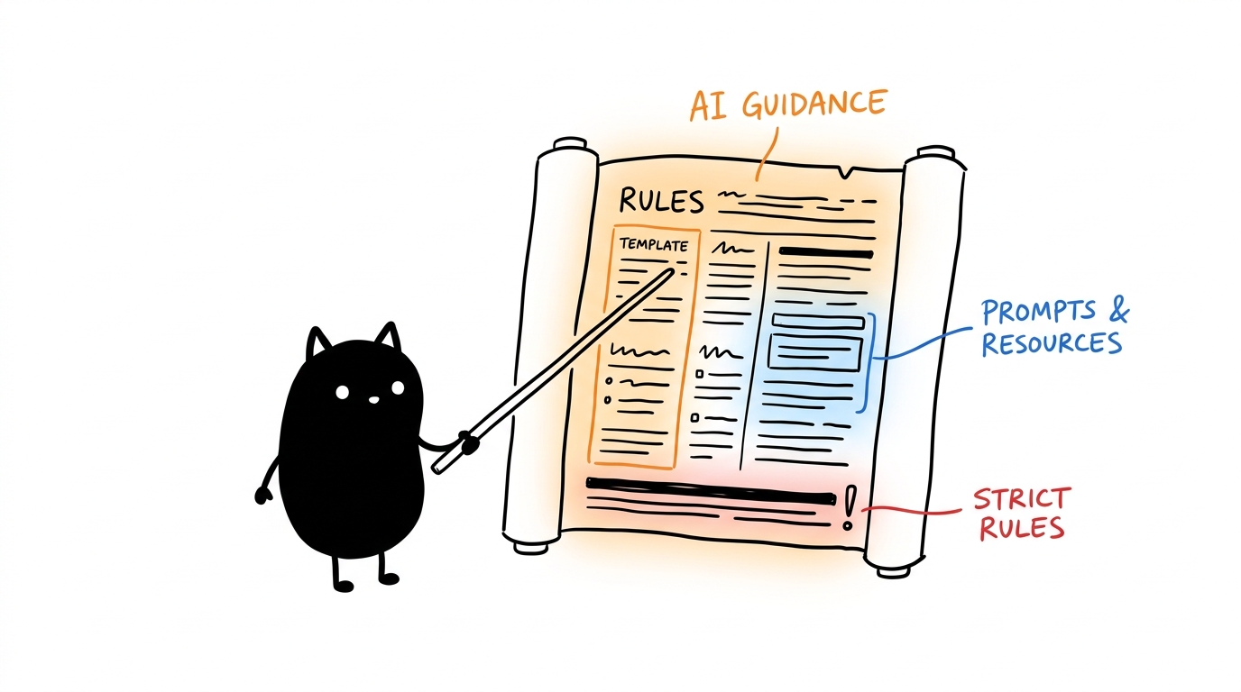 Blotcat as an academic master pointing at a glowing scroll of strict rules and project prompts