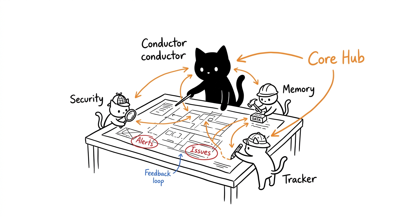 Blotcat acting as a conductor for miniature sub-Blotcats acting as security, memory, and tracker companions