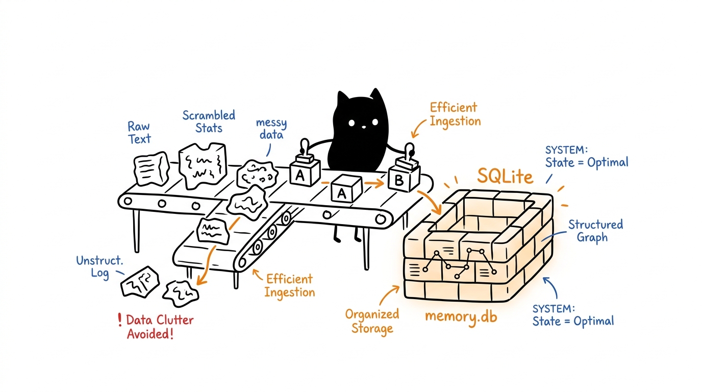 Blotcat efficiently sorting raw data blocks on a conveyor belt into the structured memory.db SQLite wall