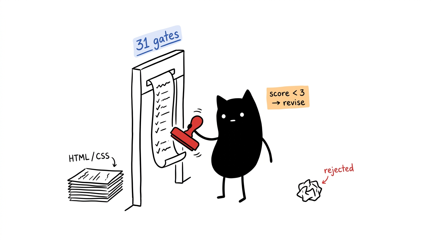 Blotcat stamping the 31-gate checklist — HTML/CSS queued left, rejected crumpled right, score < 3 → revise