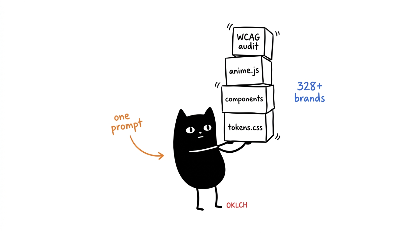 Blotcat balancing the full output stack — tokens.css, components, anime.js, WCAG audit — one prompt in, OKLCH out