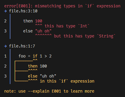 An error message that highlights mismatching types in an if expression. The first section underlines the mismatching values, and the second section underlines the if expression