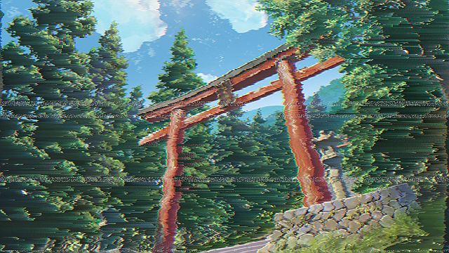 Screencap of a Shinto gate from the anime movie Your Name that has aesthetically pleasing visual distortions