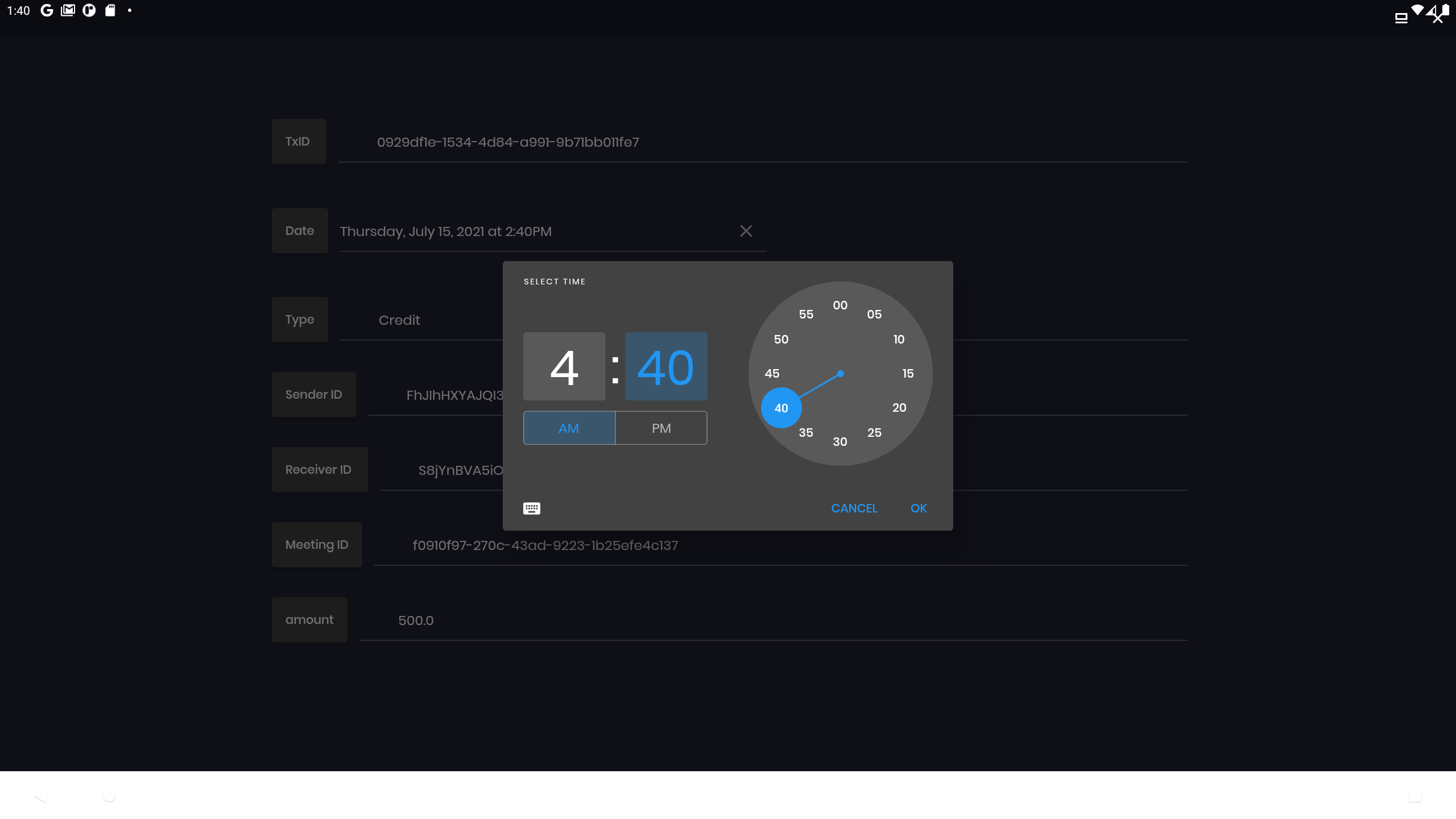 Interactive Date and time picker for transaction time