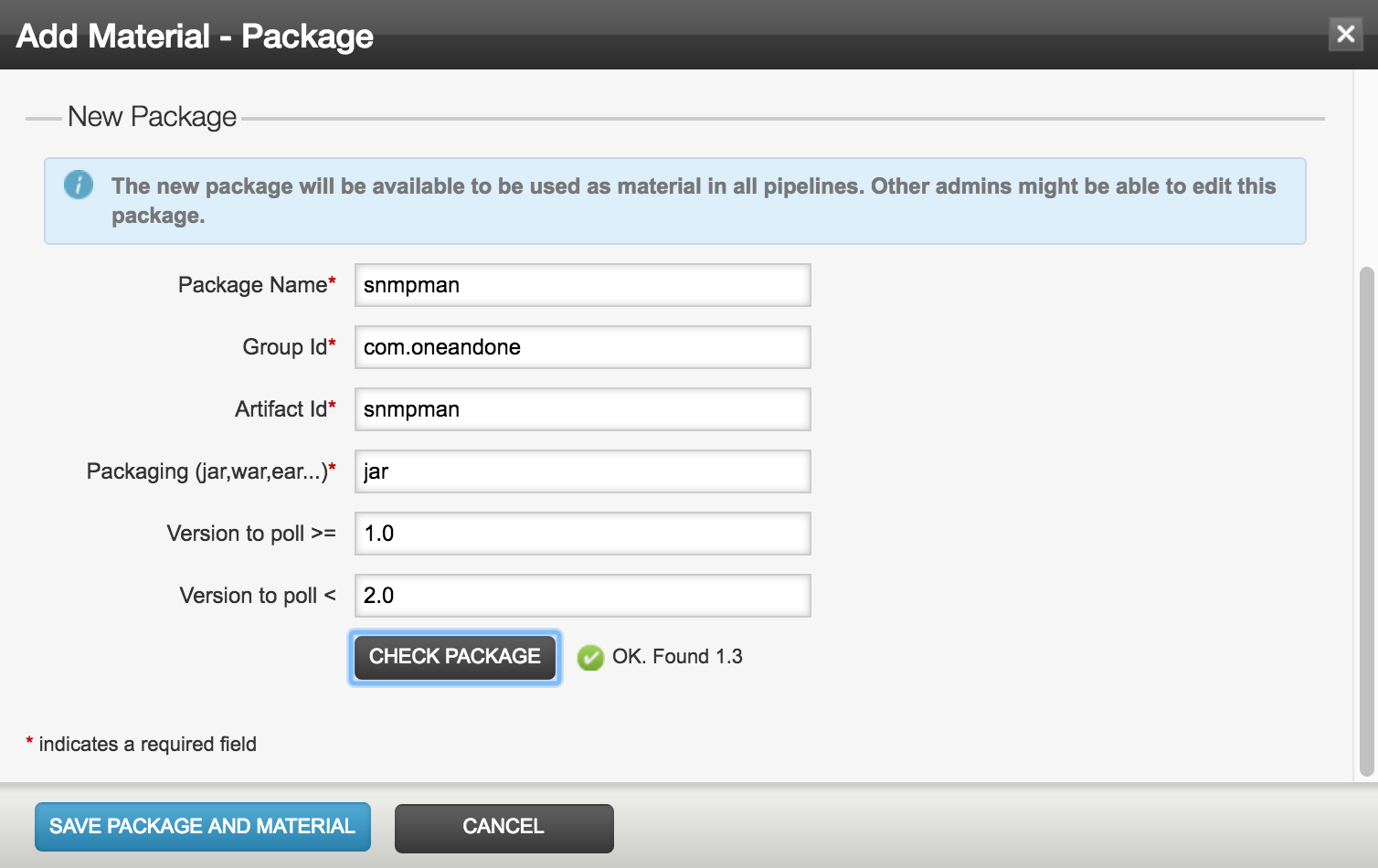 Define a package as material for a pipeline