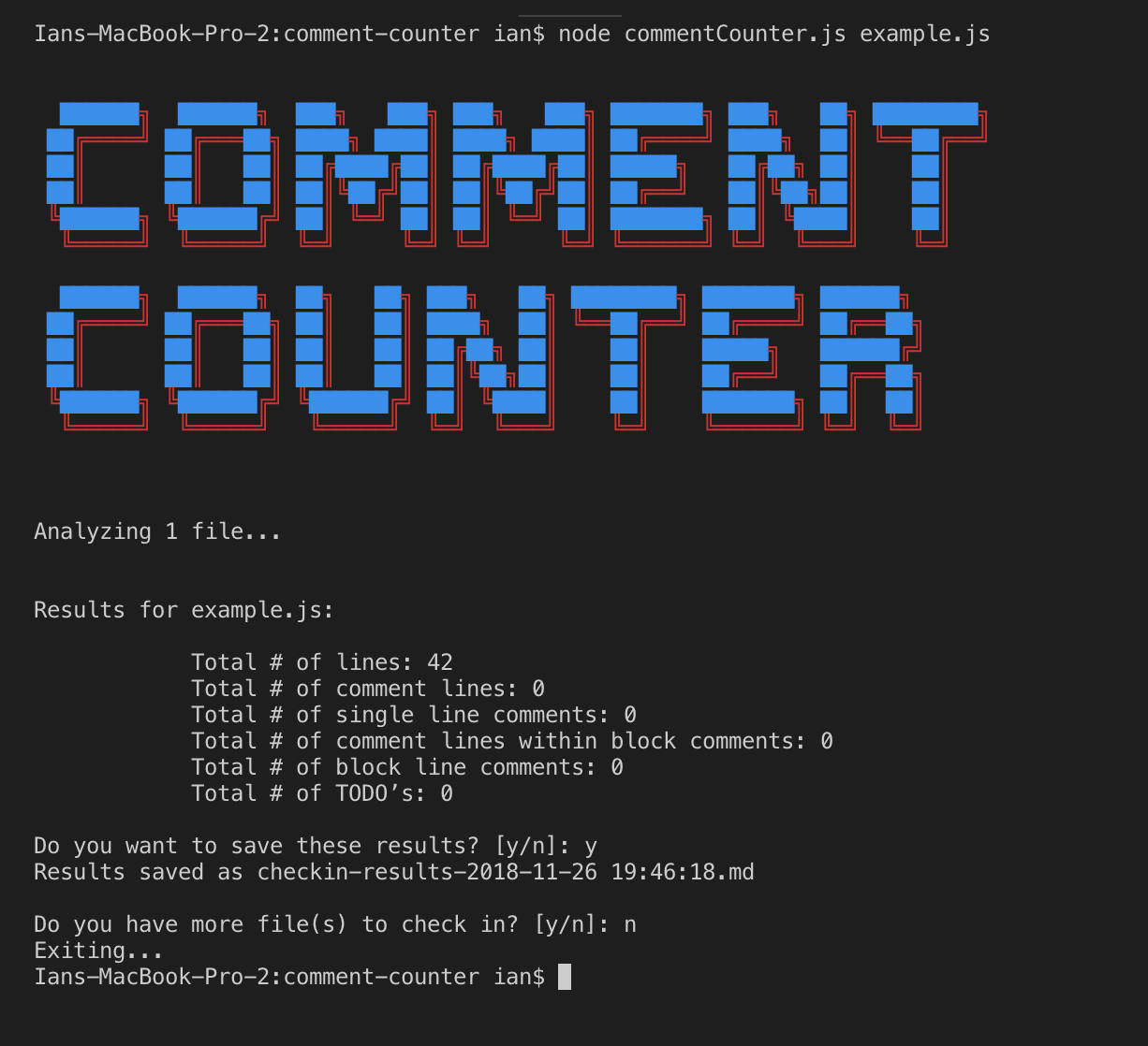 comment-counter running in a terminal window