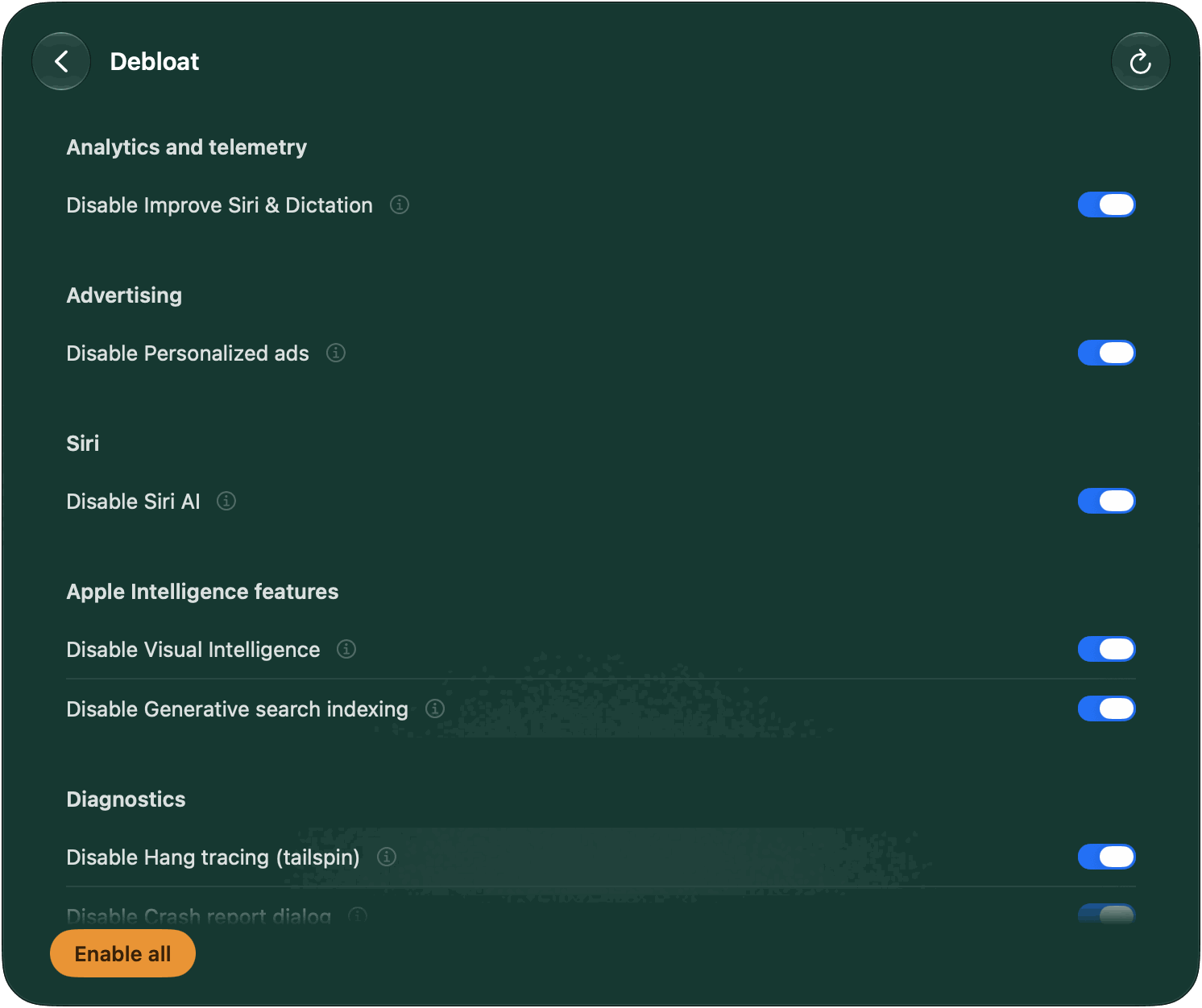 The Debloat page: Disable switches grouped by category, all switched on, and the Enable all button
