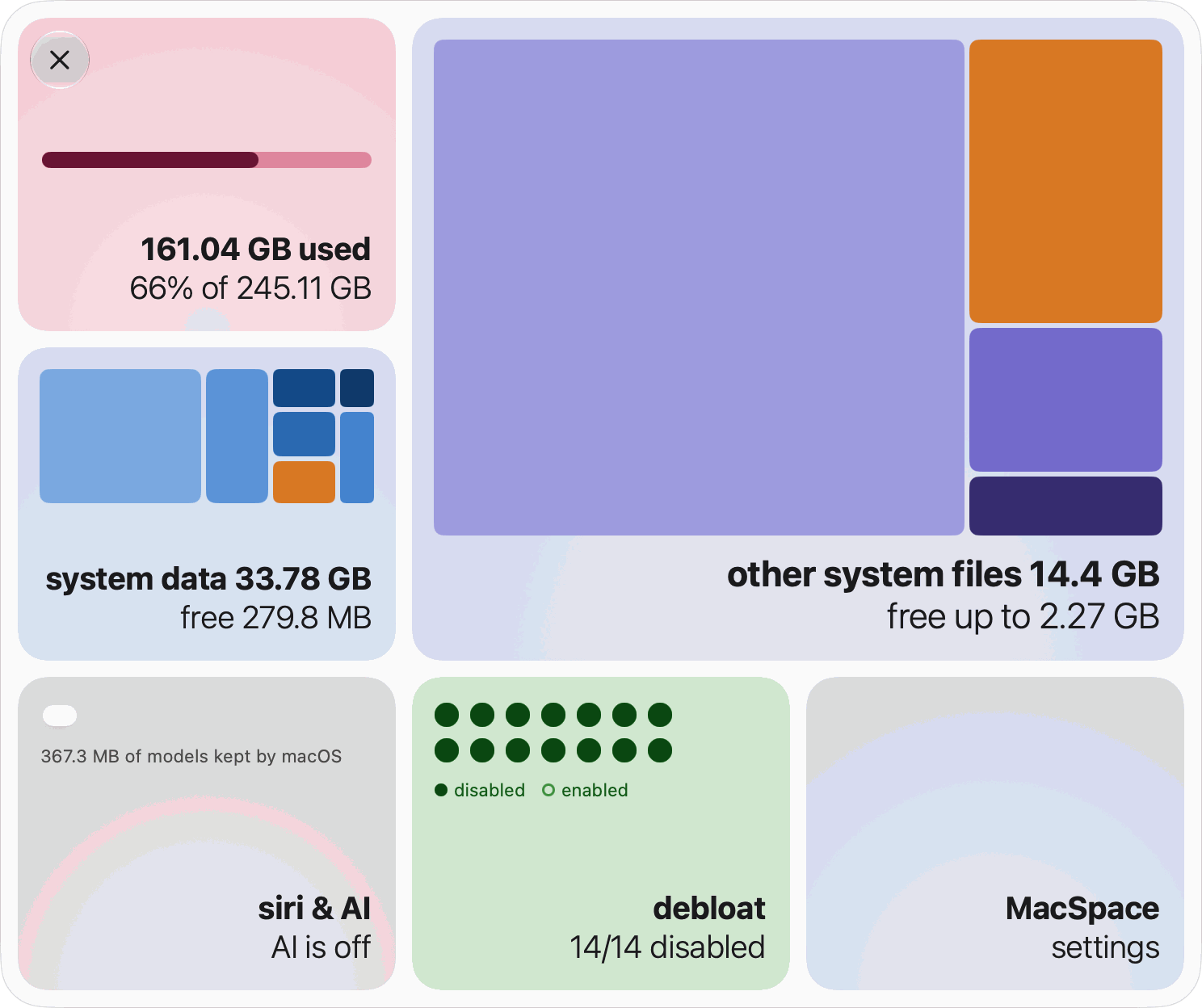 The MacSpace home page: a tile for the disk and a tile for each of the four modules