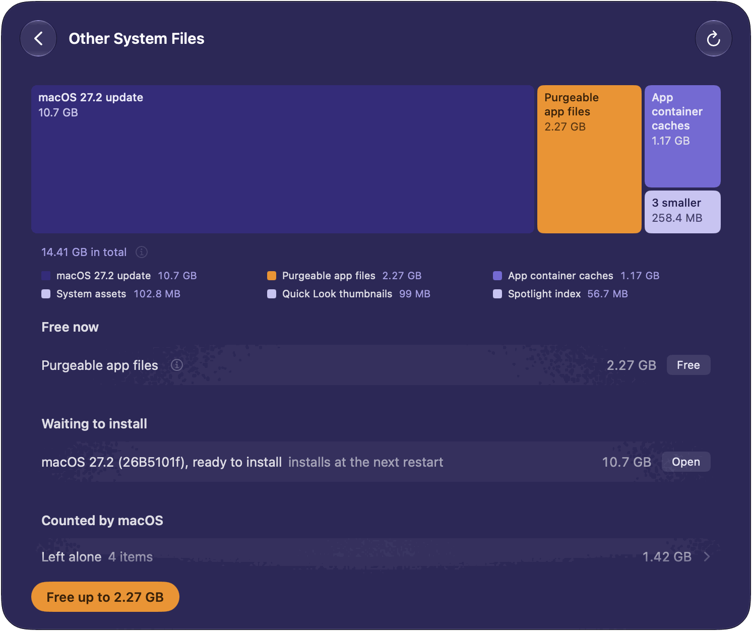 The Other System Files page: a chart of what macOS counts as purgeable, the Free now list and the Free up to button