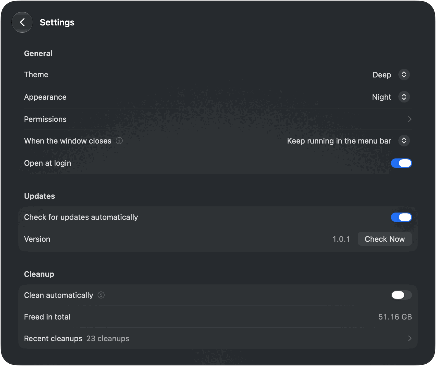 The Settings page: theme, appearance, permissions, what closing the window does, open at login, updates and automatic cleanup
