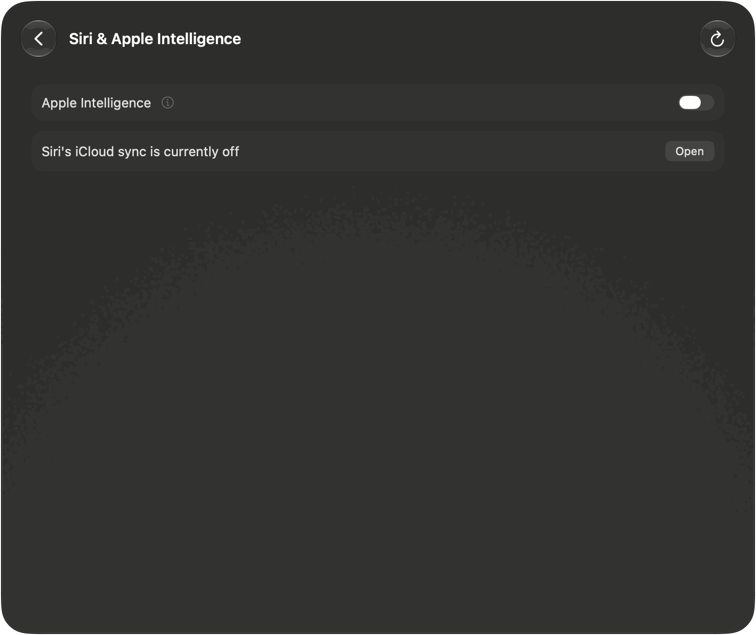 The Siri & Apple Intelligence page: the Apple Intelligence switch, switched off, and the row about Siri's iCloud sync