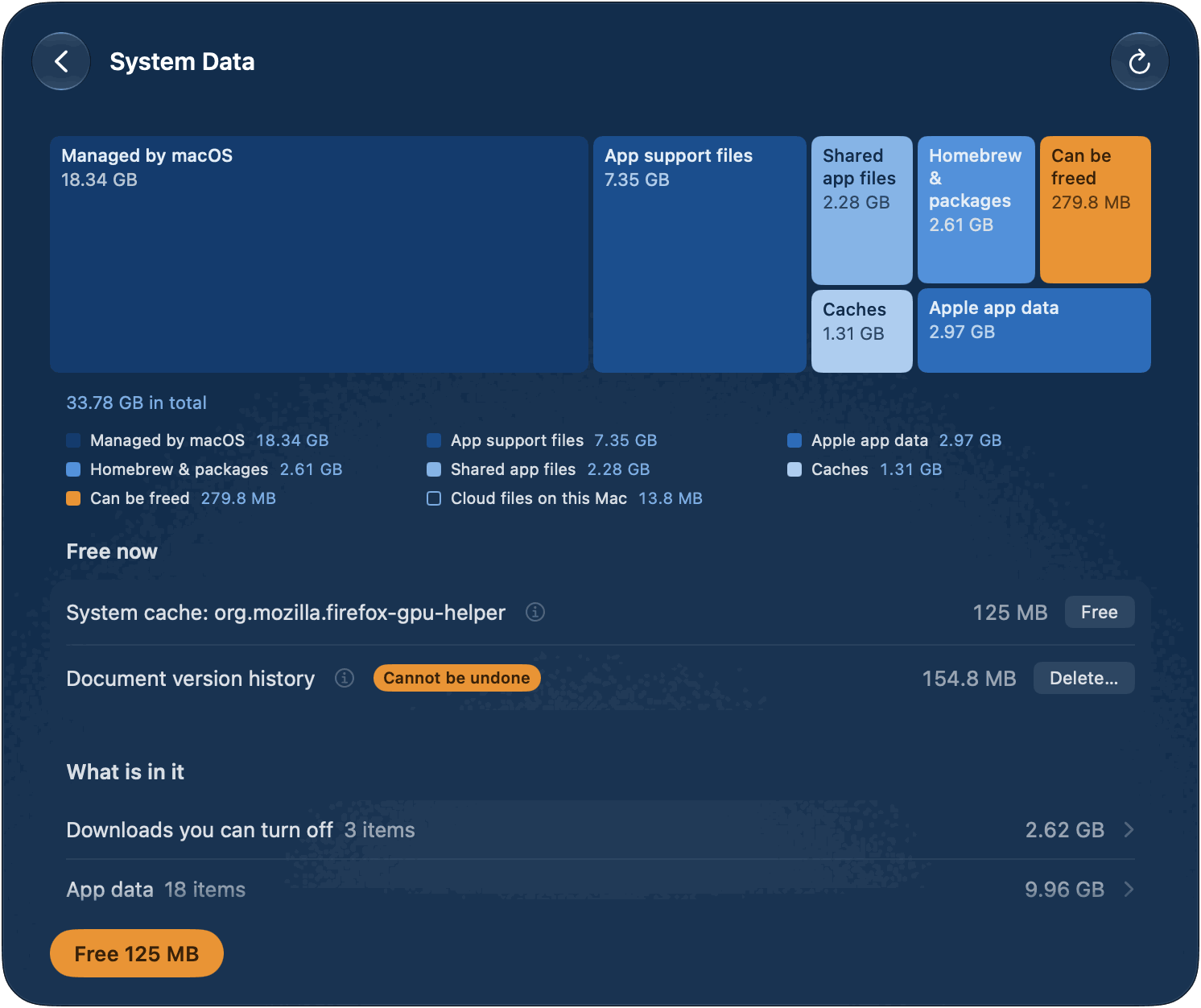 The System Data page: a chart of what fills System Data, the Free now list and the Free button with its size