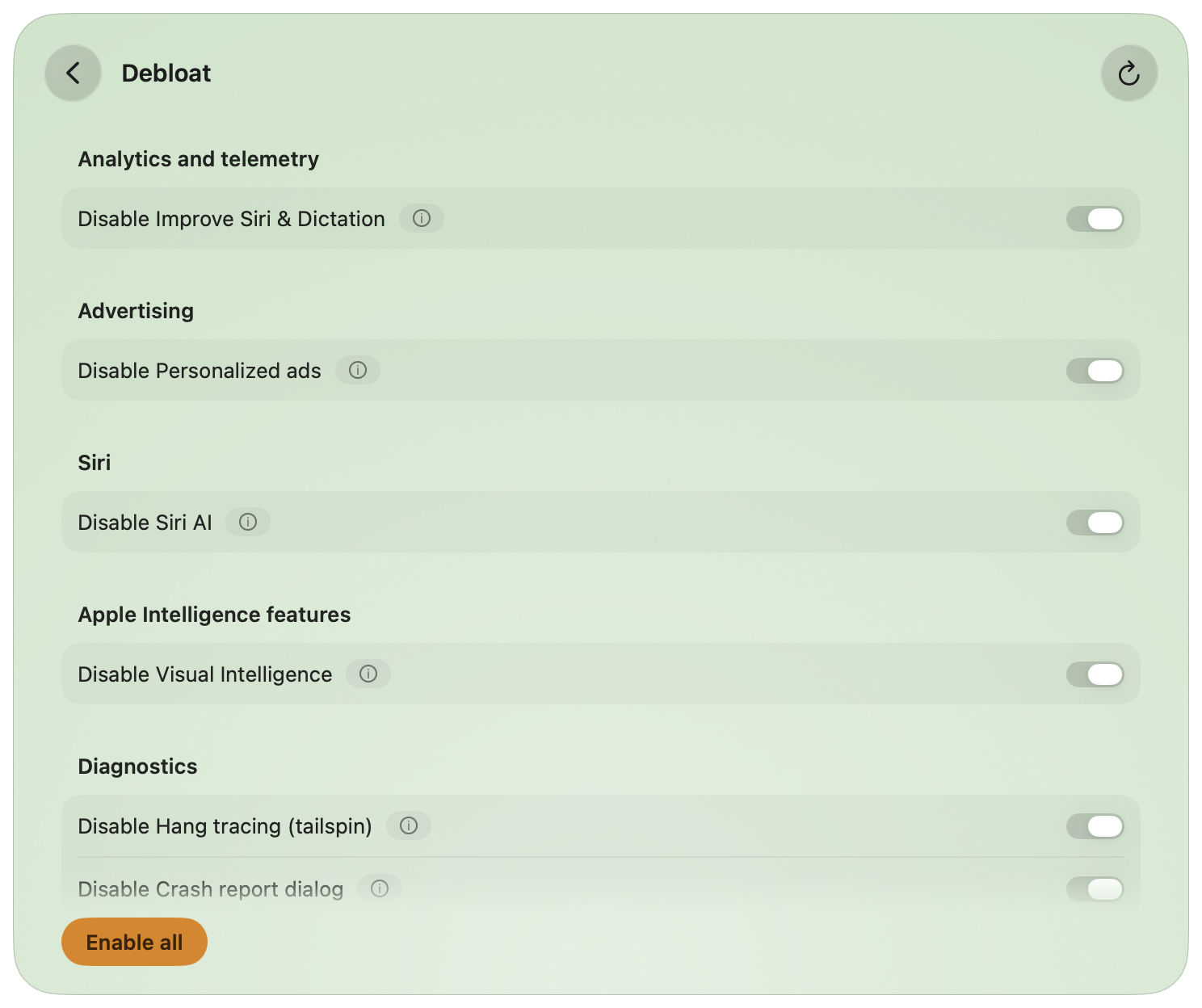The Debloat page: Disable switches grouped by category, all switched on, and the Enable all button