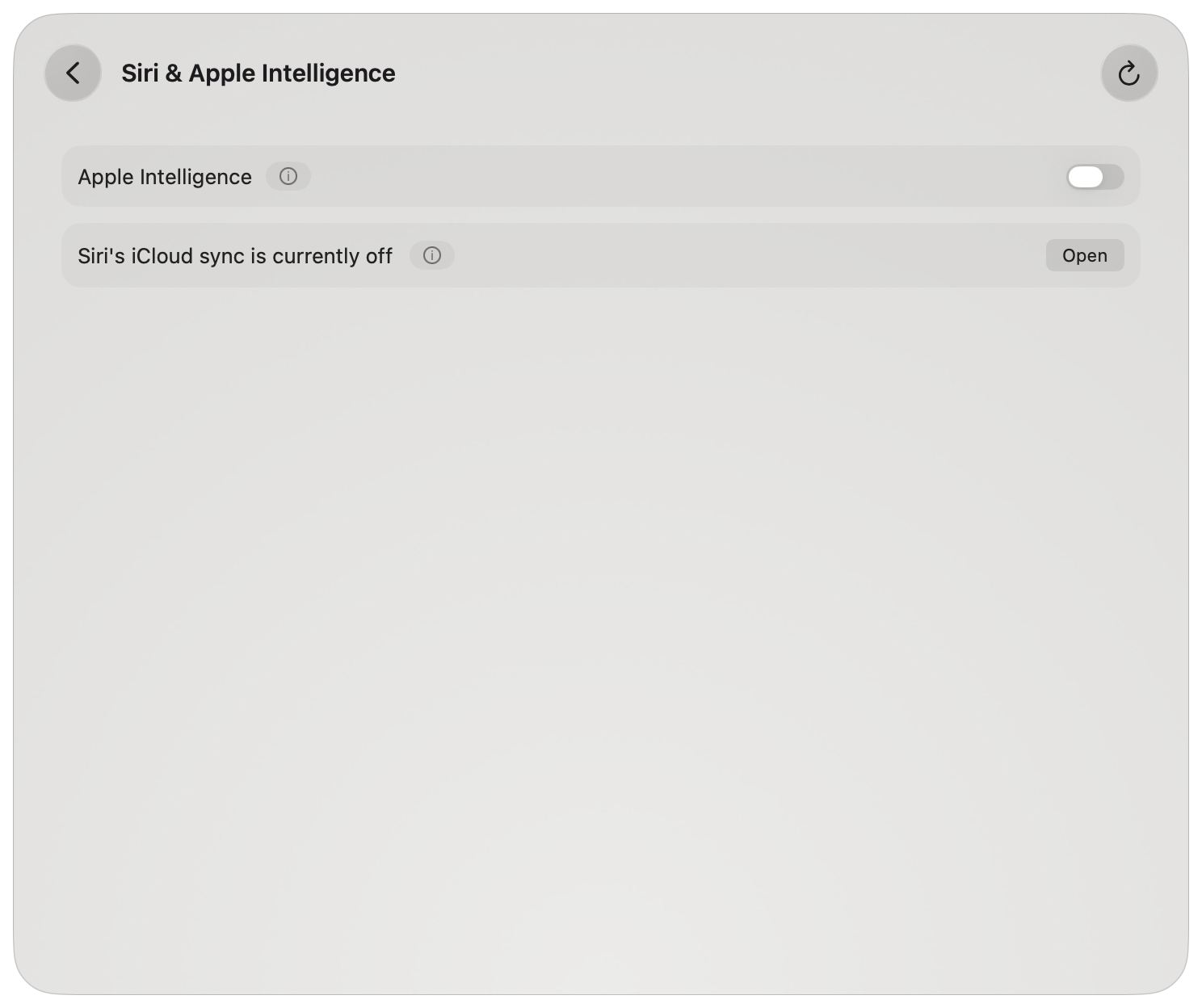 The Siri & Apple Intelligence page: the Apple Intelligence switch, switched off, and the row about Siri's iCloud sync