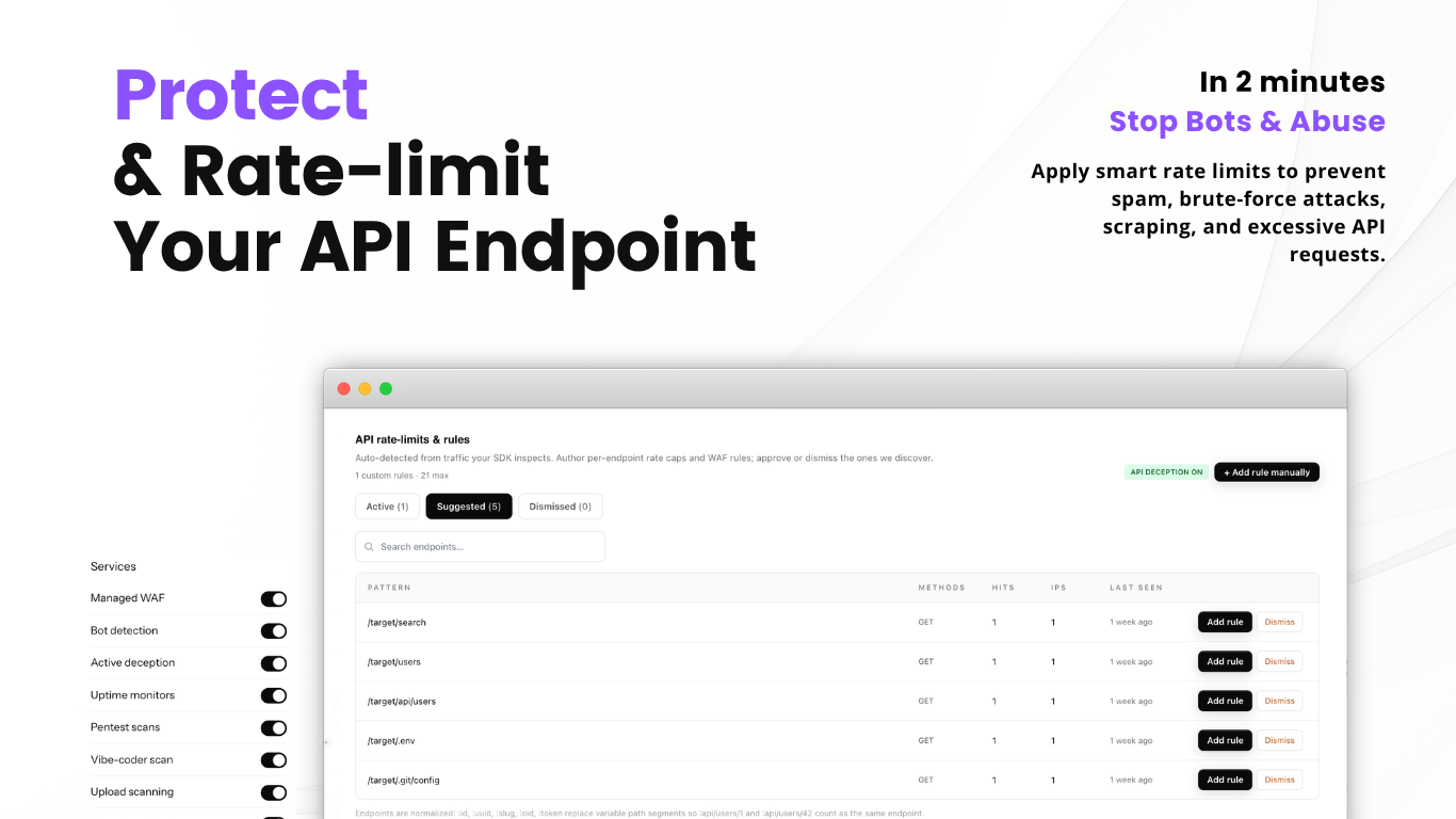 Defen.so API rate-limits and WAF rules — auto-detected endpoints with per-endpoint rate caps
