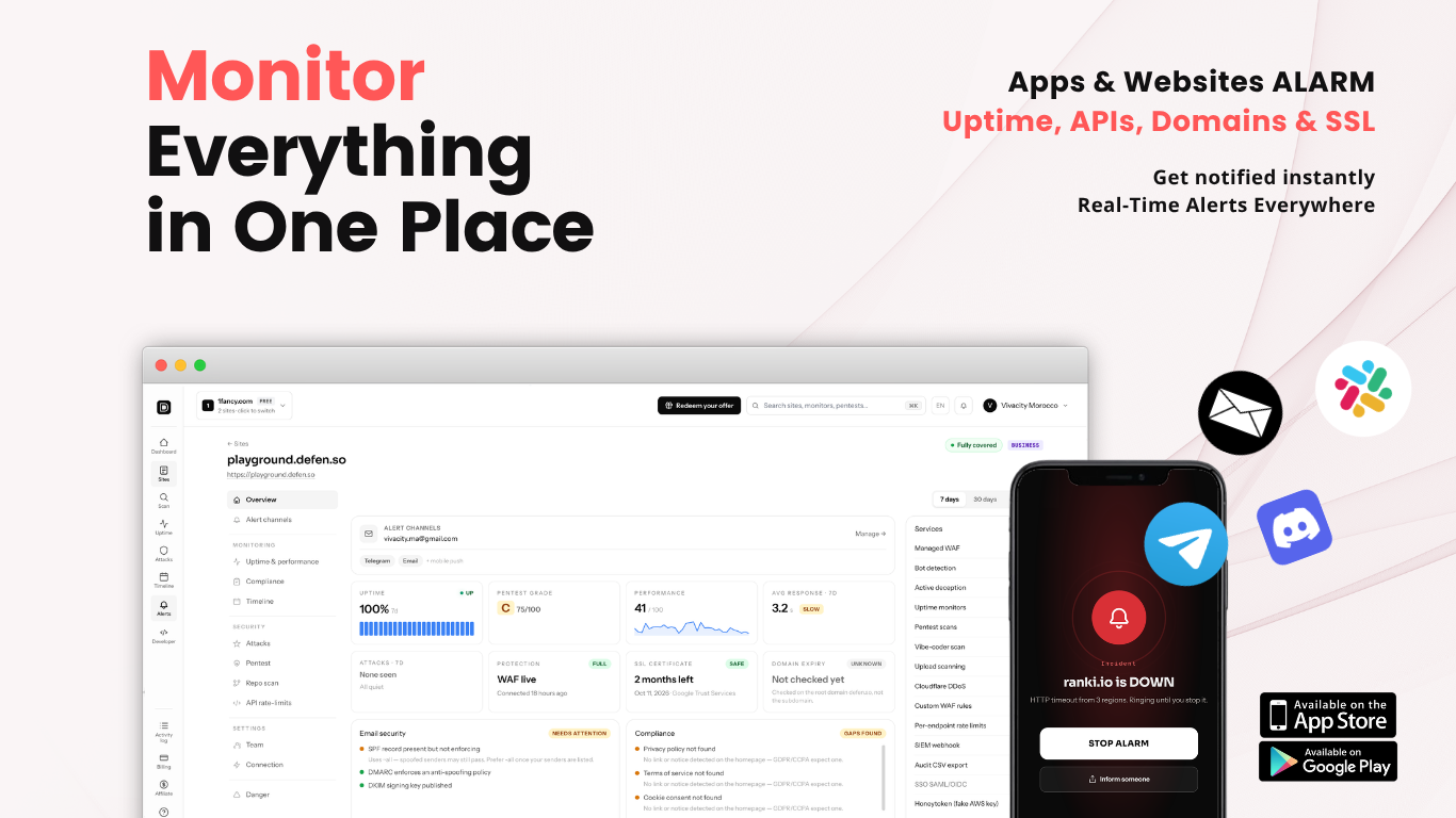 Defen.so dashboard — site overview with protection status, uptime, pentest grade, email security and compliance