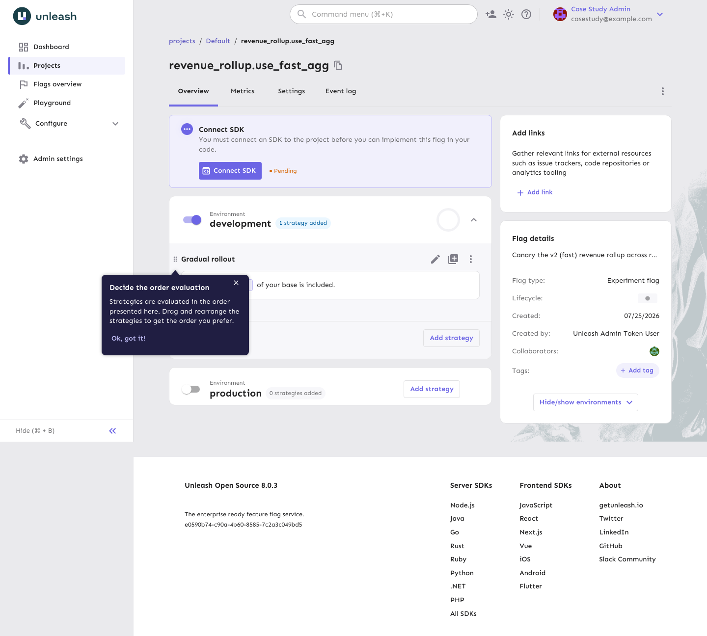 The revenue_rollup.use_fast_agg feature flag in the Unleash UI