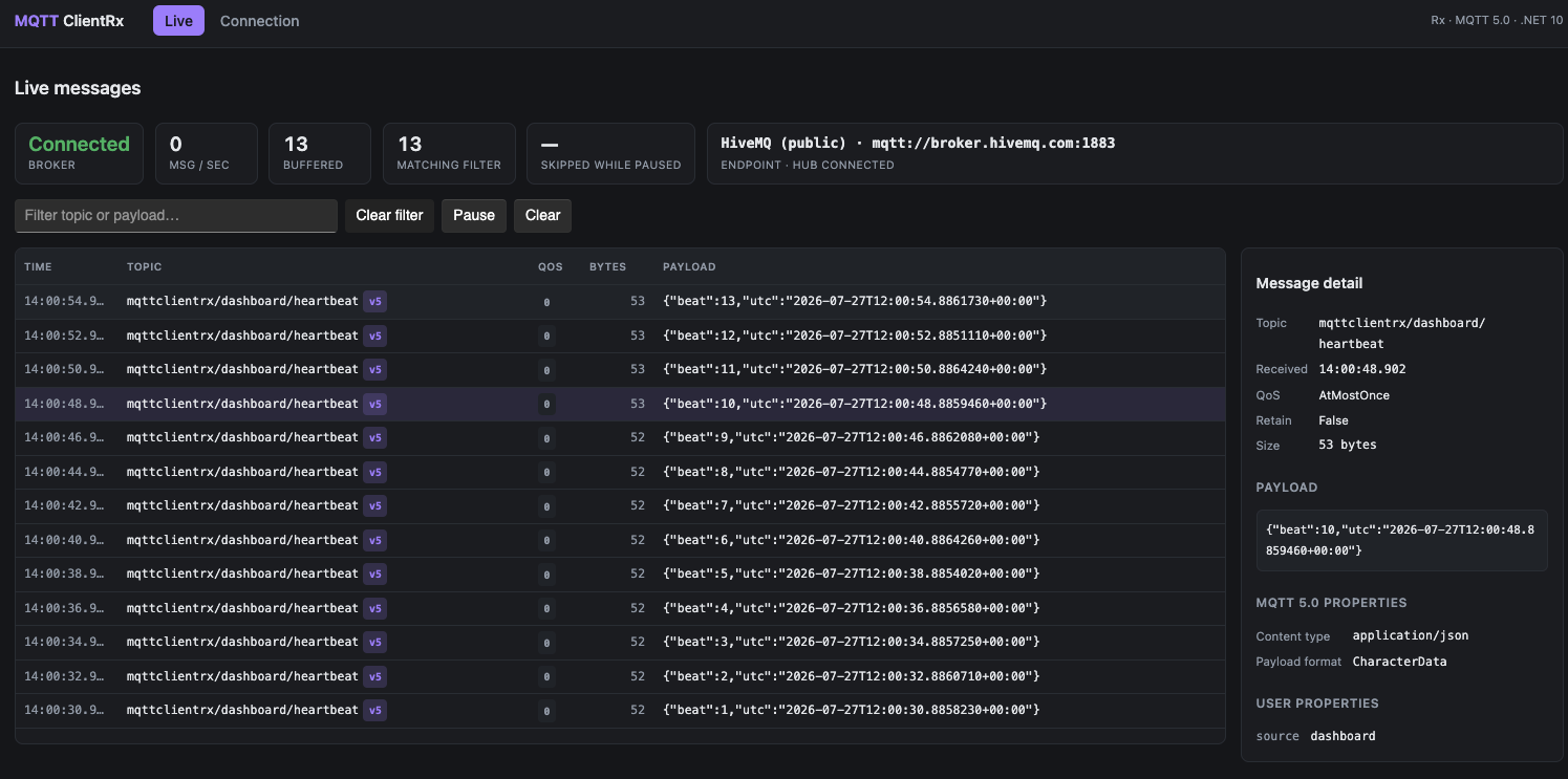 The Live page: a filterable message table beside a detail panel showing MQTT 5 properties