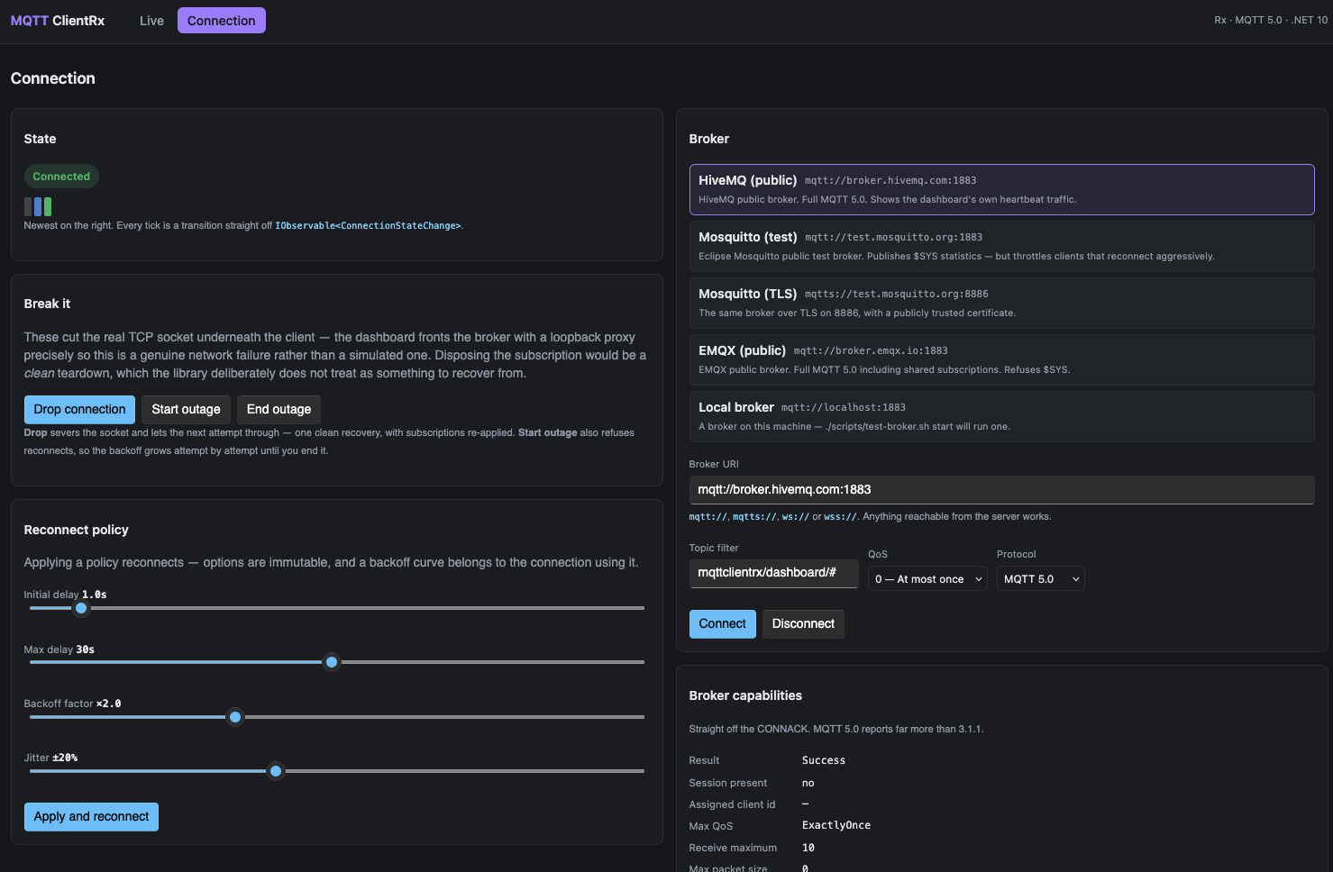 The Connection page: connection-state timeline, broker picker, reconnect-policy sliders and CONNACK capabilities