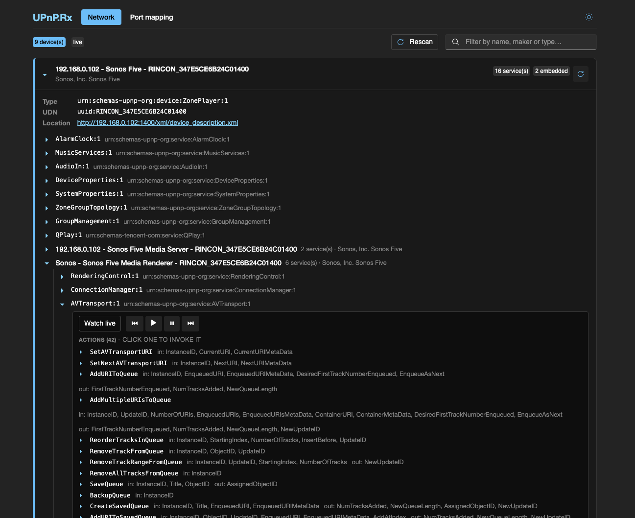 The dashboard: a Sonos Five unfolded - live eventing, transport controls and 42 invocable actions