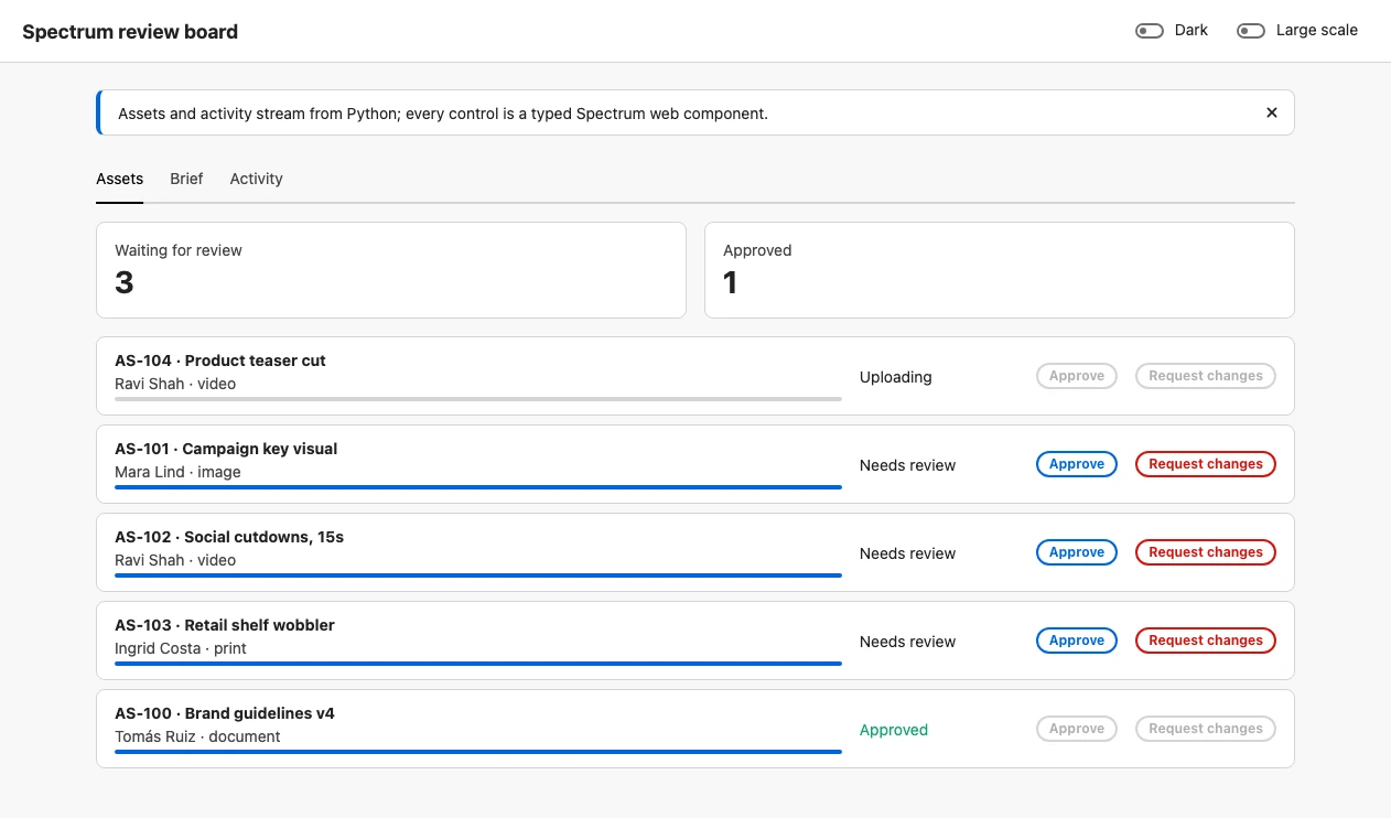 Preview of Spectrum components in spaday rendering a review board