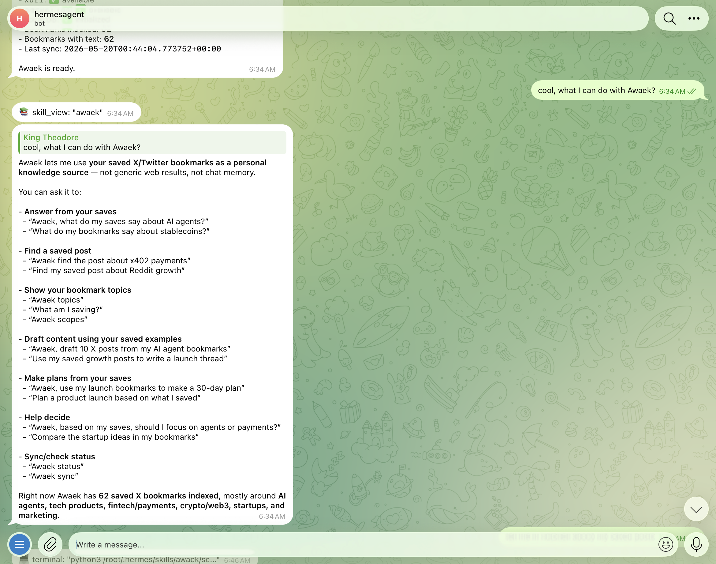 Awaek examples in Hermes Telegram