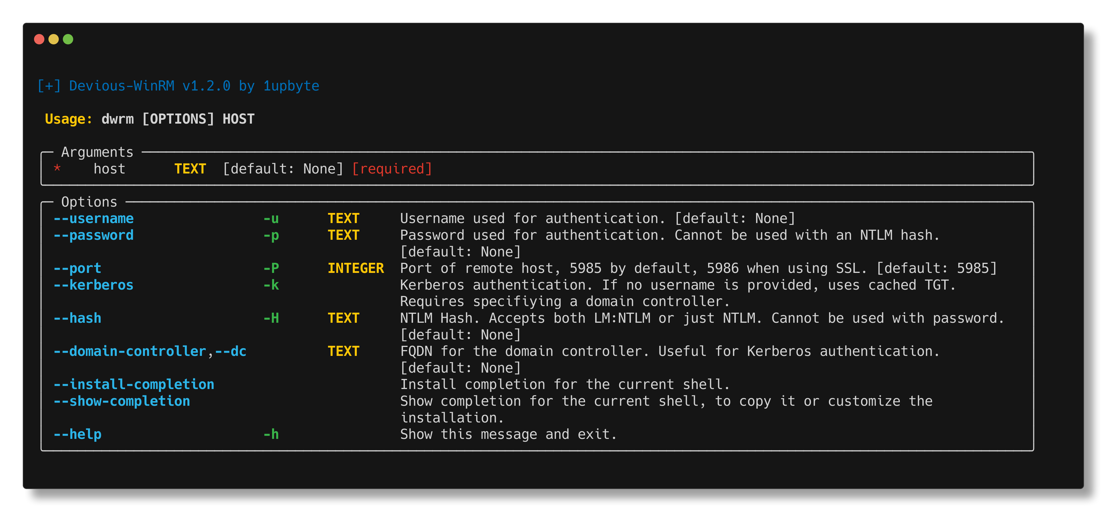Help screen The help screen for Devious-WinRM, showing a variety of flags and options.