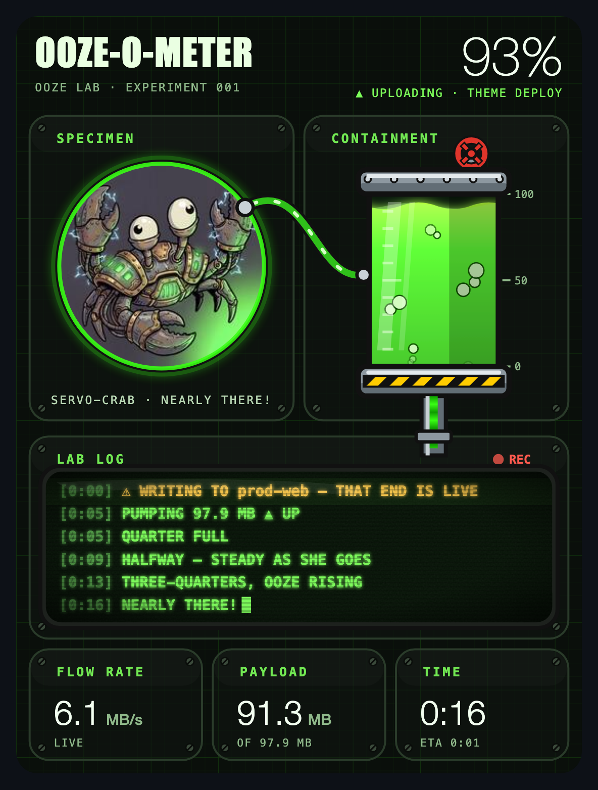 The Ooze-o-Meter mid-upload, with the Servo-Crab specimen