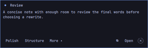 The compact Omarchy widget with rewrite actions, Copy, Open and a countdown ring